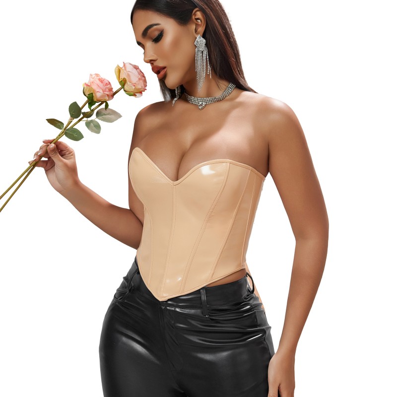 Champagne  Fashion Synthetic Leather Bustier Crop Top Boned Overbust Corset